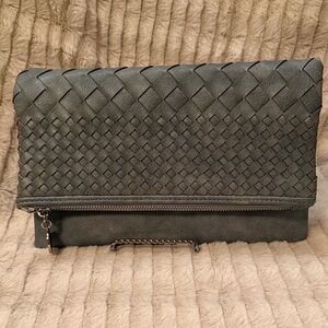 Woven Gray Clutch with Chain Detail